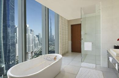The Presidential Suite’s bathroom with a view